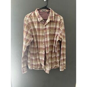 Toad&Co Mens Open Air LS Shirt Organic‎ Cotton Plaid Tan Burgundy T2251304 Large